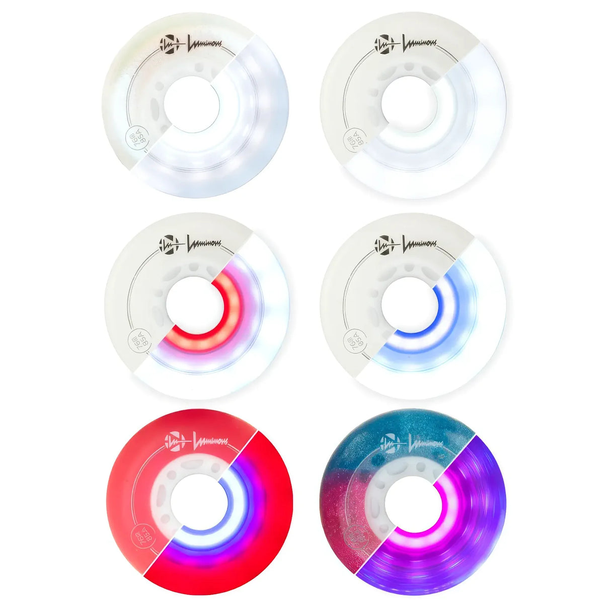 LUWL-LU7685-DUO-WH-WH/WhiteWhite Luminous LED Wheels Duo 76mm 85A – verschiedene Farben | Luminous LED Rollen für Inlineskates | Leuchtrollen | Fitness & Urban Inline Rollen Inline Skating Rollerblading Inlineskaterollen Skating Wheels for Rollerblader Rollen für Inlineskater Lörrach Freiburg Basel Inliner Richtige Größe right Size for Rollerblades Langhaltende Inlineskaterollen Longlasting Wheels for Rollerblading Skateschule und Skateshop Weil am Rhein SkaMiDan Deutschland Germany