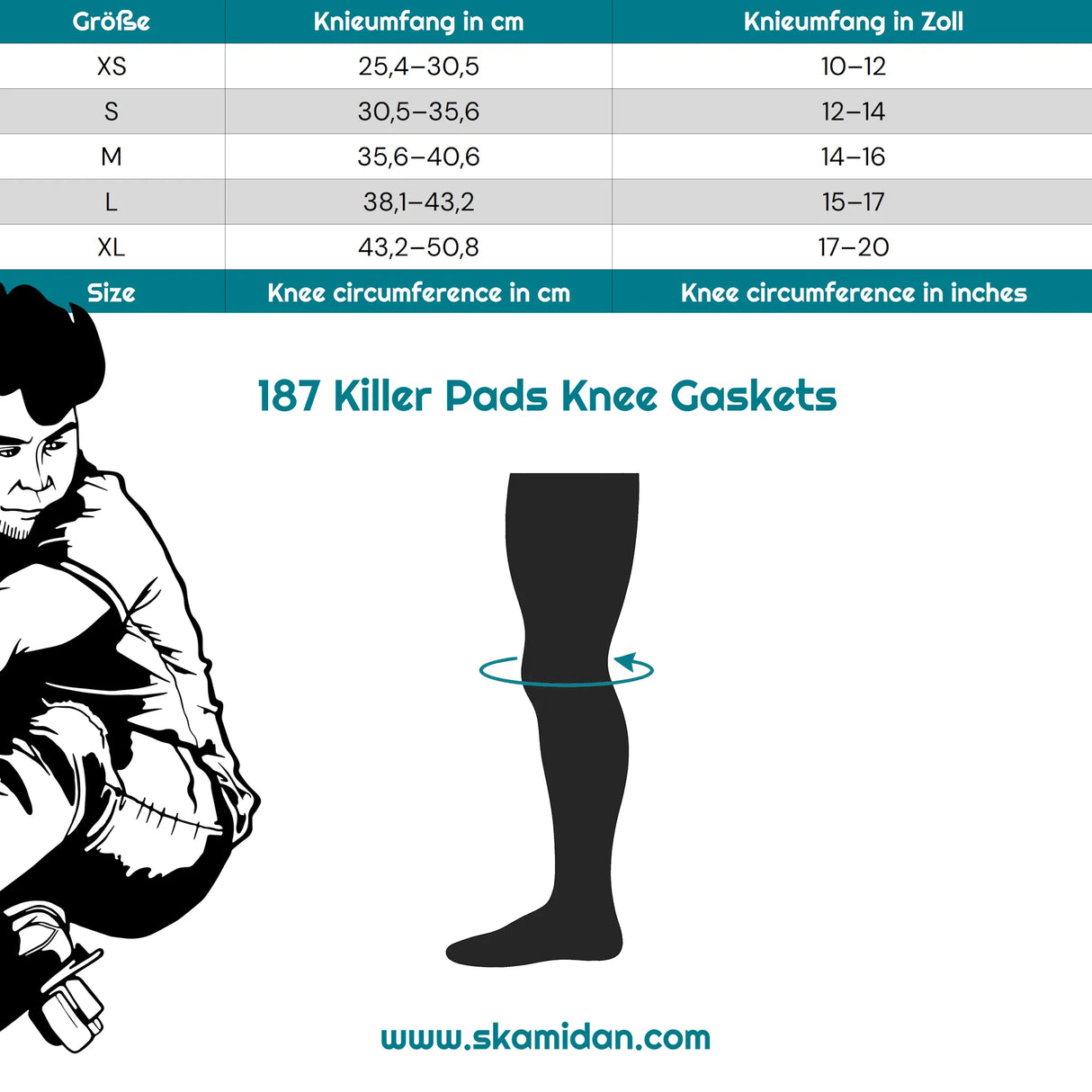 SKA187-PKN-0021/M 187 KILLER PADS Knee Gasket | Polsterstrumpf für die Knie | Zusatzpolsterung für Knieschoner | City Wrist Brace Handgelenkschoner | Pro Handgelenkschützer | Schienbeinschoner Socken | Polster Hose | Protektoren Helm Protector Helmet Skater Schutzausrüstung Skate Protective equipment Handgelenkschoner Knieschützer Ellenbogen Polster Schienguards Schienbeinschoner | Lörrach Freiburg Basel Inliner Skateschule und Skateshop Weil am Rhein SkaMiDan Deutschland Germany
size Guard Größentabelle