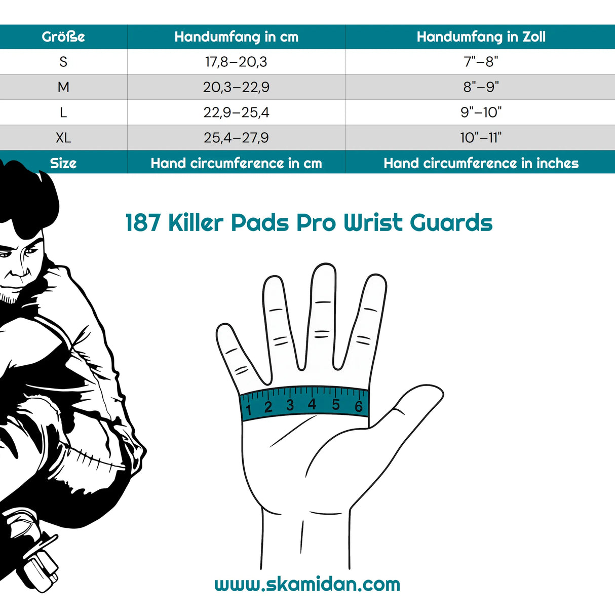 SKA187-PWR-1006/L 187 KILLER PADS Pro Wrist Guard Handgelenkschützer | Handgelenkschoner | City Wrist Brace Handgelenkschoner | Pro Handgelenkschützer | Schienbeinschoner Socken | Polster Hose | Protektoren Helm Protector Helmet Skater Schutzausrüstung Skate Protective equipment Handgelenkschoner Knieschützer Ellenbogen Polster Schienguards Schienbeinschoner | Lörrach Freiburg Basel Inliner Skateschule und Skateshop Weil am Rhein SkaMiDan Deutschland Germany Size Chart Größentabelle