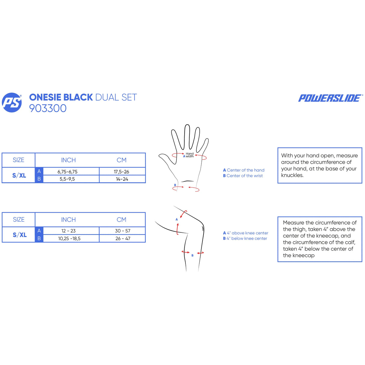 SKA903300 POWERSLIDE Onesie Dual Pack Black | Schonerset | Dehnbare Einheitsgröße (S–XL) | Schützer Für das Fitness Inline Skating | Fitness Skating Protektors | Schoner für Inline Skater | Protektion for Inline Skater | Knee Pads | Knieschützer | Knieschoner | Elbow Pads | Ellenbogen Protektoren | Lörrach Freiburg Basel Inliner Skateschule und Skateshop Weil am Rhein SkaMiDan Deutschland Germany
 Size Chart Größentabelle