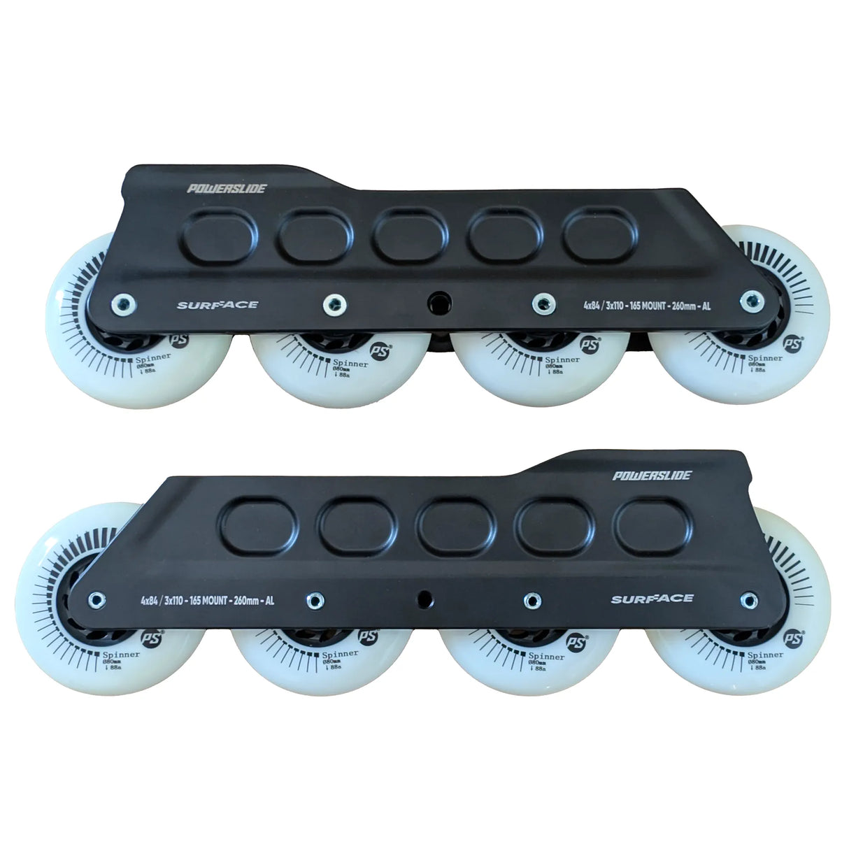 SKAWHÜ2134 POWERSLIDE Surface 2in1 Black Frame mit 4x80mm 88A Spinner Wheels | 4×84 | 3x110 | 260mm | 165mm Dual Point Mounting | 1-Paar | Urban Inline Skating Frames Rahmen für inline Skates Frames for inline Skating Urban Inline Skating Frames Inliner Rahmen für das urbane Gelände Lörrach Freiburg Basel Inliner Skateschule und Skateshop Weil am Rhein SkaMiDan Deutschland Germany