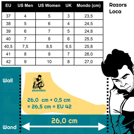 SKA10-RSBL RAZORS Loca Bladies – Purple Red | 57mm 90A | UFS Mounting | Aggressive Inlineskates Freestyle Skates Fitness Inlineskates Inlineskates Sport Inline Skates Rollerblades Urban Inline Skating Urban Inline Skating Freeskates Trainng Skates Strecken Skates Trinity Skates Einsteiger Beginner Inlineskates Inliner Fitness Inliner City Skates Fitness Inliner Sport Skates Sport Inliner Rollerblades Rollerblading Lörrach Freiburg Basel Inliner Sk
Size Chart Größentabelle