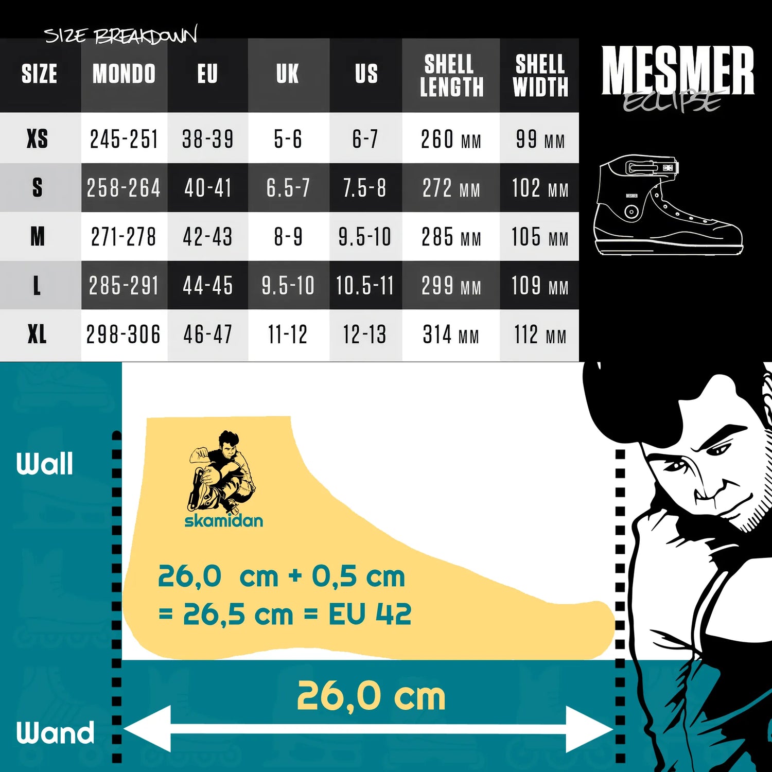 SKA10817/42-43 MESMER Eclipse TS Flat 58 – Schwarz Weiß | Flat Setup | UFS+ Mounting | Aggressive Inlineskates Fitness Inlineskates Inlineskates Sport Inline Skates Rollerblades Urban Inline Skating Urban Inline Skating Freeskates Trainng Skates Strecken Skates Trinity Skates Einsteiger Beginner Inlineskates Inliner Fitness Inliner City Skates Fitness Inliner Sport Skates Sport Inliner Rollerblades Rollerblading Lörrach Freiburg Basel Inliner Sk
Size Chart Größentabelle