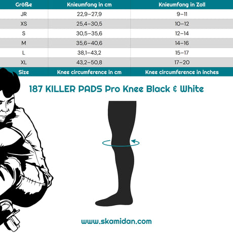 SKA187-PKN-0002/M 187 KILLER PADS Pro Knee Black & White – Knieschützer | Pro Knieschoner | Schützer Für das Fitness Inline Skating | Fitness Skating Protektors | Schoner für Inline Skater | Protektion for Inline Skater | Knee Pads | Knieschützer | Knieschoner | Elbow Pads | Ellenbogen Protektoren | Lörrach Freiburg Basel Inliner Skateschule und Skateshop Weil am Rhein SkaMiDan Deutschland Germany
size Chart Größentabelle