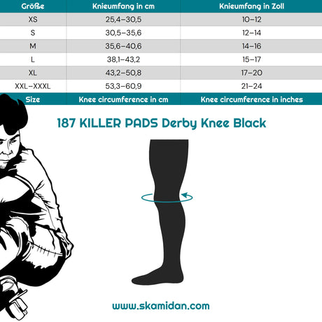 SKA187-PKN-0201/M 187 KILLER PADS Derby Knee Black – Knieschützer | Pro Knieschoner Für das Fitness Inline Skating | Fitness Skating Protektors | Schoner für Inline Skater | Protektion for Inline Skater | Knee Pads | Knieschützer | Knieschoner | Elbow Pads | Ellenbogen Protektoren | Lörrach Freiburg Basel Inliner Skateschule und Skateshop Weil am Rhein SkaMiDan Deutschland Germany
Size Chart Größentabelle