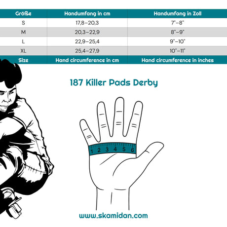 SKA187-PWR-1000 187 KILLER PADS Derby Wrist Handgelenkschützer | Handgelenkschoner mit extra breiten Schutzkappen | City Wrist Brace Handgelenkschoner | Pro Handgelenkschützer | Schienbeinschoner Socken | Polster Hose | Protektoren Helm Protector Helmet Skater Schutzausrüstung Skate Protective equipment Handgelenkschoner Knieschützer Ellenbogen Polster Schienguards Schienbeinschoner | Lörrach Freiburg Basel Inliner Skateschule und Skateshop Weil am Rhein SkaMiDan Deutschland Germany
Size Chart Größentabelle