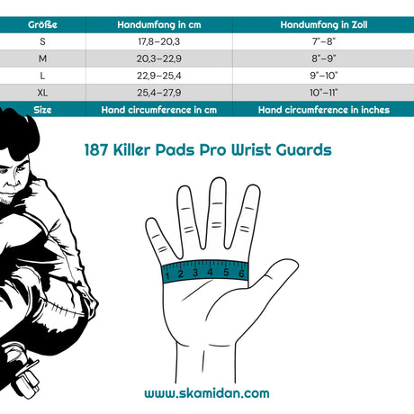 SKA187-PWR-1006/L 187 KILLER PADS Pro Wrist Guard Handgelenkschützer | Handgelenkschoner | City Wrist Brace Handgelenkschoner | Pro Handgelenkschützer | Schienbeinschoner Socken | Polster Hose | Protektoren Helm Protector Helmet Skater Schutzausrüstung Skate Protective equipment Handgelenkschoner Knieschützer Ellenbogen Polster Schienguards Schienbeinschoner | Lörrach Freiburg Basel Inliner Skateschule und Skateshop Weil am Rhein SkaMiDan Deutschland Germany Size Chart Größentabelle
