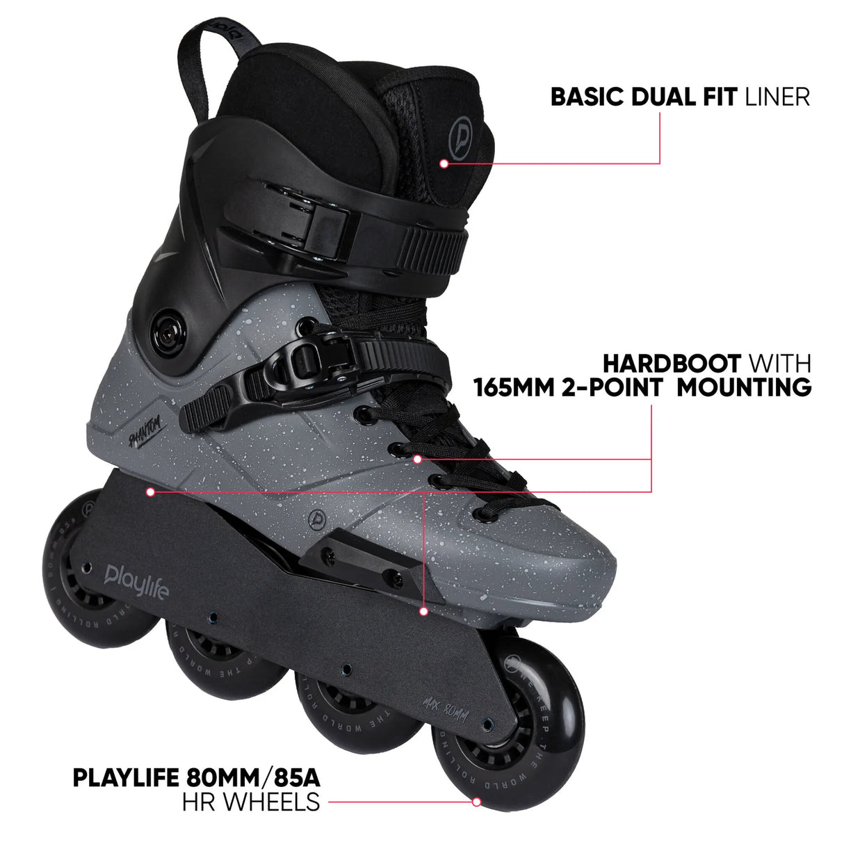 SKA880369 PLAYLIFE Phantom 80 Black – Schwarz | 165 mm Dual Point Mounting | Freestyle & Urban Inlineskates freeskates free skate freeride city skates inliner rollerblades hardboot hardshell hartschalen skate skamidan weil am rhein deutschland lörrach freiburg basel skamidan skateshop