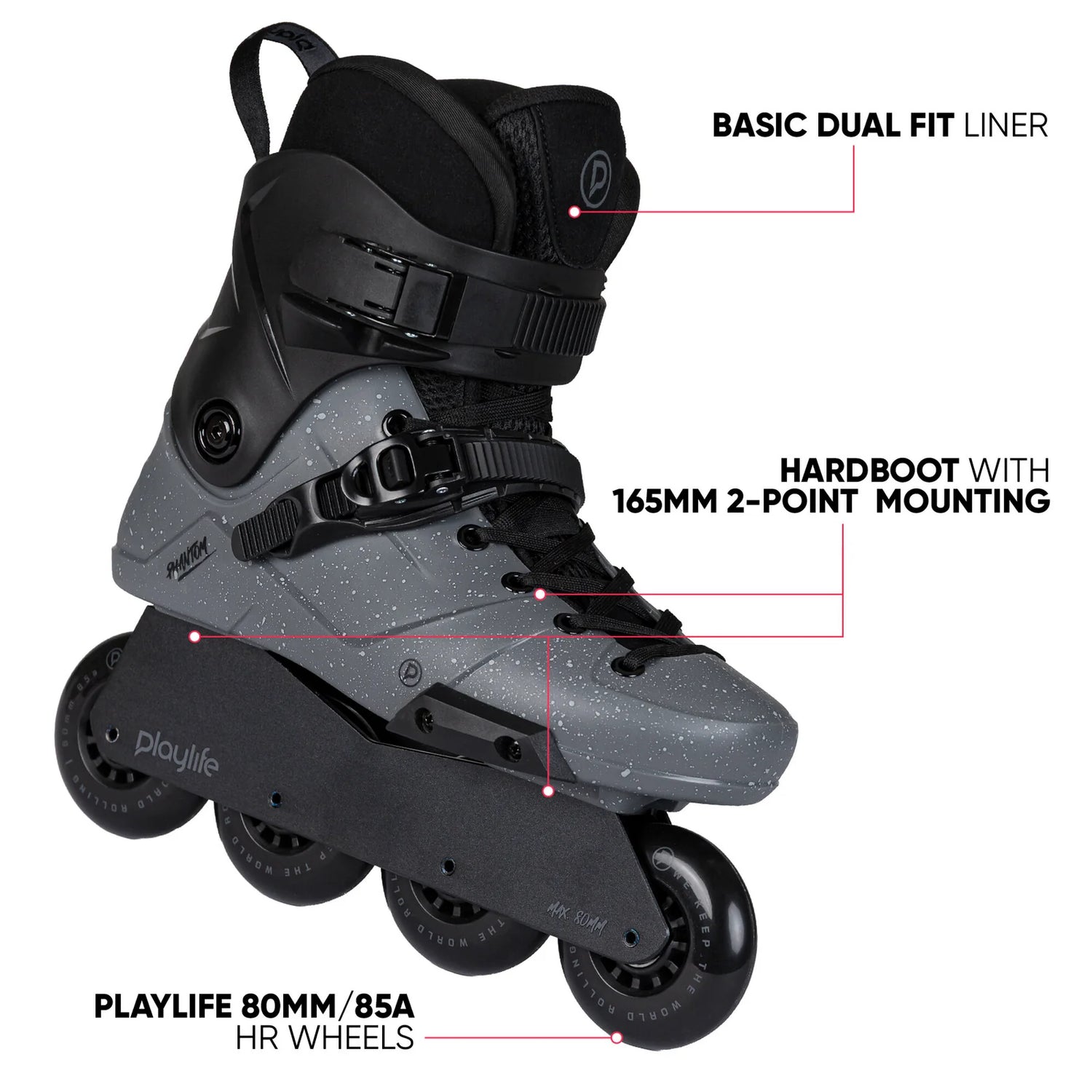 SKA880369 PLAYLIFE Phantom 80 Black – Schwarz | 165 mm Dual Point Mounting | Freestyle & Urban Inlineskates freeskates free skate freeride city skates inliner rollerblades hardboot hardshell hartschalen skate skamidan weil am rhein deutschland lörrach freiburg basel skamidan skateshop