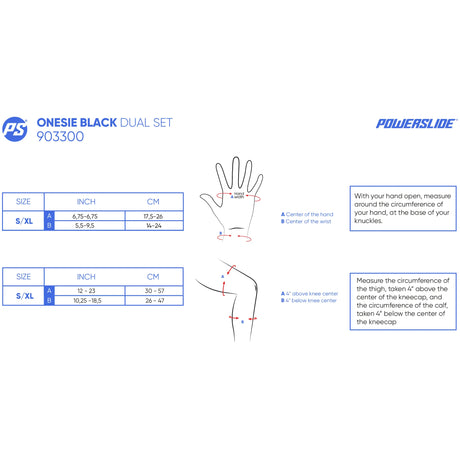 SKA903300 POWERSLIDE Onesie Dual Pack Black | Schonerset | Dehnbare Einheitsgröße (S–XL) | Schützer Für das Fitness Inline Skating | Fitness Skating Protektors | Schoner für Inline Skater | Protektion for Inline Skater | Knee Pads | Knieschützer | Knieschoner | Elbow Pads | Ellenbogen Protektoren | Lörrach Freiburg Basel Inliner Skateschule und Skateshop Weil am Rhein SkaMiDan Deutschland Germany
 Size Chart Größentabelle